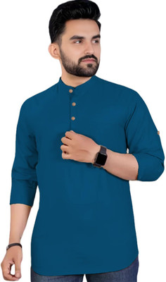 Vashuqi Men Solid Straight Kurta(Blue)