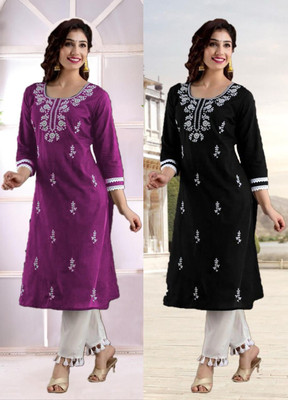 SISTO Women Embroidered Straight Kurta(Purple, Black)