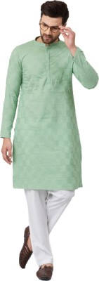 See Designs Men Chikan Embroidery Straight Kurta(Green)