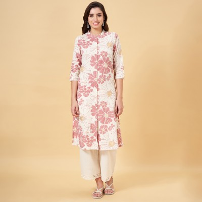 Rangmanch by Pantaloons Women Printed Straight Kurta(Pink, White, Beige)