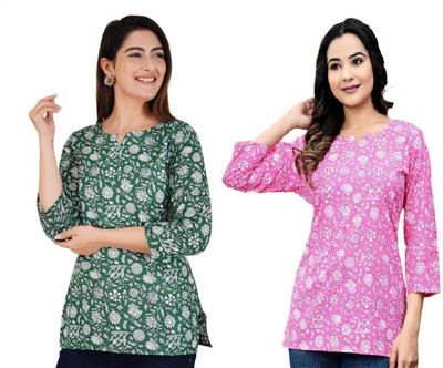 GURUFASHIONS Women Printed Straight Kurta(Green, Pink)