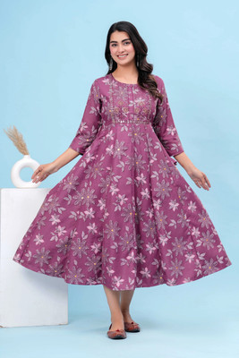 Dizon Women Printed Anarkali Kurta(Purple)