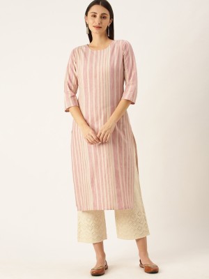 TGT Women Striped Straight Kurta(Pink, Beige)