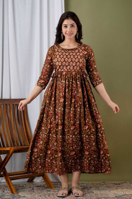 TADAATRADERS Women Printed Anarkali Kurta(Brown)