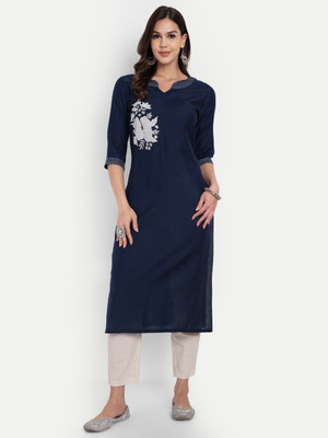 4U Fashion Women Embroidered Straight Kurta(Blue)