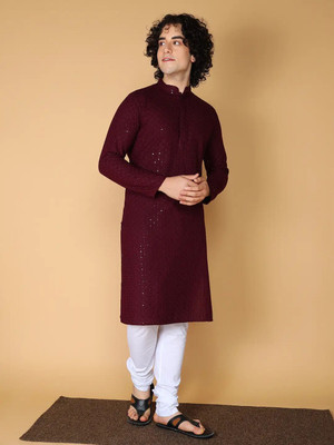 Ladyflock Men Chikan Embroidery Straight Kurta(Maroon)