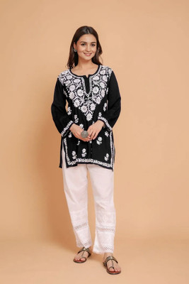 Moda Rapido Women Embroidered Straight Kurta(Black)