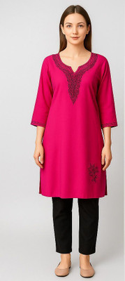 RuhisCollection Women Embroidered A-line Kurta(Pink)