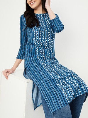 MAX Women Printed Straight Kurta(Blue)