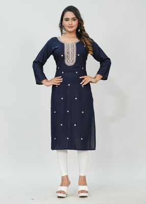 Elvya Women Embroidered Straight Kurta(Dark Blue)
