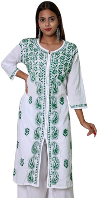 INDICRAFT Women Chikan Embroidery Frontslit Kurta(Dark Green, White)