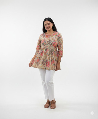 SATITHREAD Women Floral Print, Printed Flared Kurta(Beige, Pink)