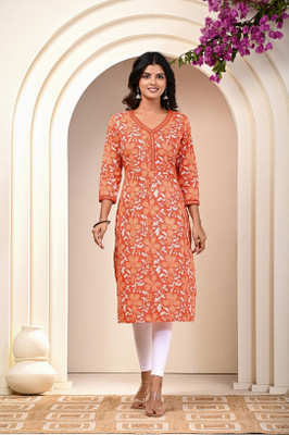 Kriftee Women Block Print Straight Kurta(Orange)