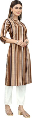 HouseOfCommon Women Striped Straight Kurta(Brown)