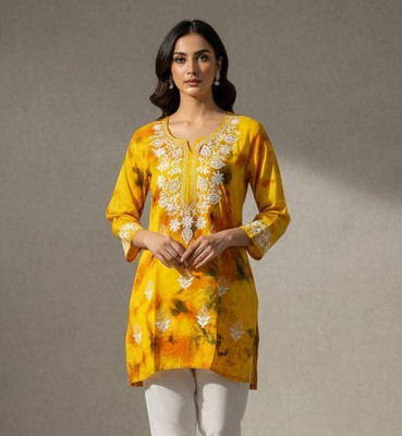 VELORA Women Dyed/Ombre, Embroidered, Printed A-line Kurta(Yellow, Multicolor)