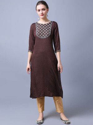 ANOUK Women Embroidered Straight Kurta(Brown)