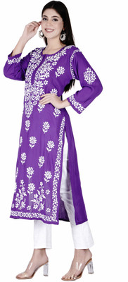 Nazaqat Women Chikan Embroidery Straight Kurta(Pink)