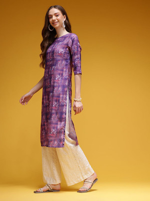HERE&NOW Women Checkered A-line Kurta(Blue)