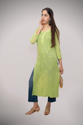 Love Emira Online Women Chikan Embroidery Straight Kurta(Green)