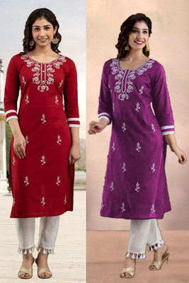 SISTO Women Chikan Embroidery Straight Kurta(Multicolor)