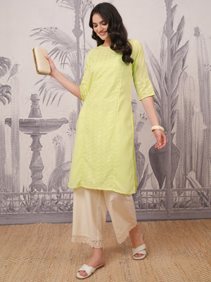 Vishudh Women Self Design Straight Kurta(Green)