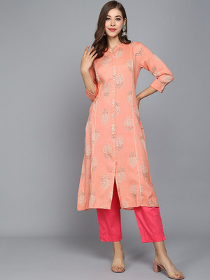all about you Women Printed Straight Kurta(Pink)