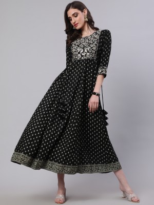 Nishabd Women Printed Anarkali Kurta(Black)