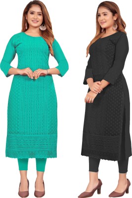 KAYRAAH Women Solid Straight Kurta(Light Blue, Black)