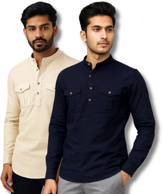 EchoWear Men Solid Straight Kurta(Beige, Dark Blue)