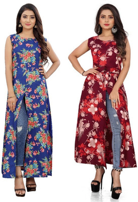 Hiral Creation Women Floral Print Frontslit Kurta(Red)