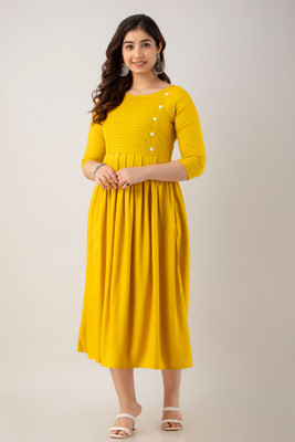 HouseOfCommon Women Solid Flared Kurta(Yellow)