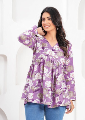 SRP Enterprises Women Floral Print Flared Kurta(Purple)
