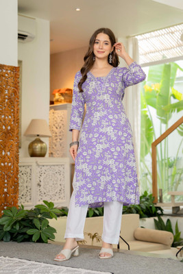 Lakasadapapel Women Printed Straight Kurta(Grey)