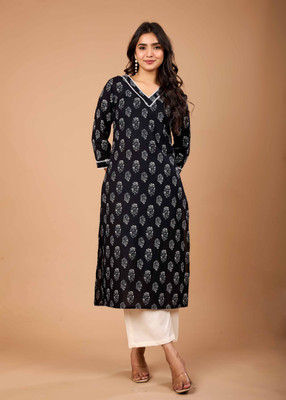 Le Mec Women Printed A-line Kurta(Black)