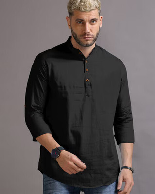 S KUADA Men Solid Straight Kurta(Black)