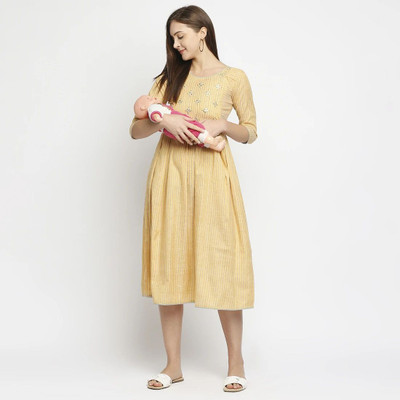 TRUE SHAPE Women Embroidered Flared Kurta(Yellow)