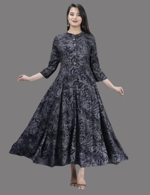 FABRONA Women Printed Flared Kurta(Black)