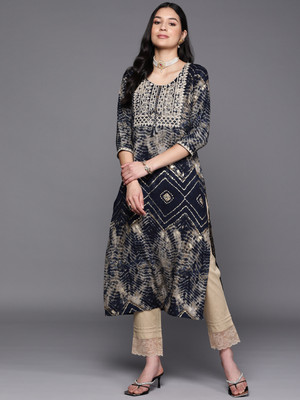 LIBAS Women Printed Straight Kurta(Blue, Beige)