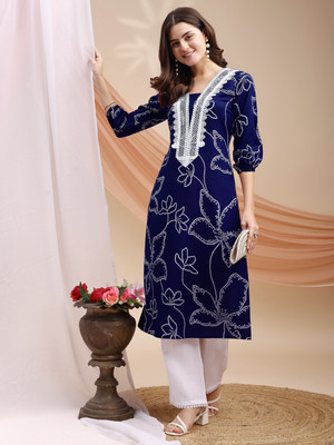 Youthnic Women Printed Straight Kurta(Dark Blue)