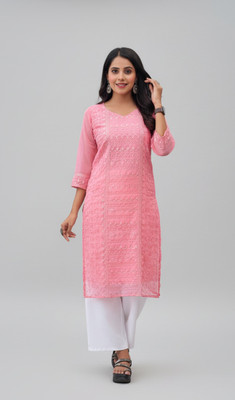 RIWAAYAT BY AASTHA Women Chikan Embroidery Straight Kurta(Pink)