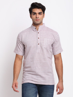 Enchanted Drapes Men Striped Straight Kurta(White, Maroon)