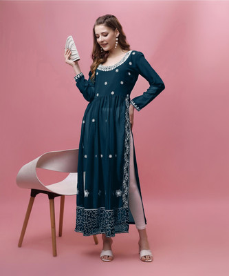 Fashtown Women Embroidered A-line Kurta(Blue)