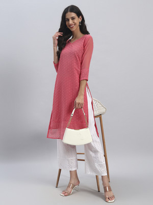 Umoly Women Chikan Embroidery Straight Kurta(Pink)