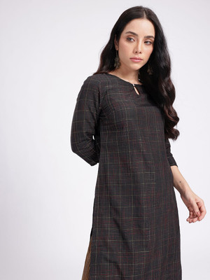 Anouk Rustic Women Checkered Straight Kurta(Black)