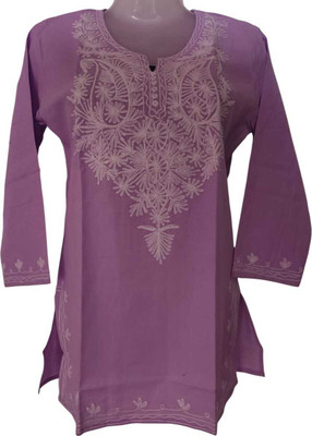 Anshi zari arts Women Embroidered, Chikan Embroidery A-line Kurta(Purple)