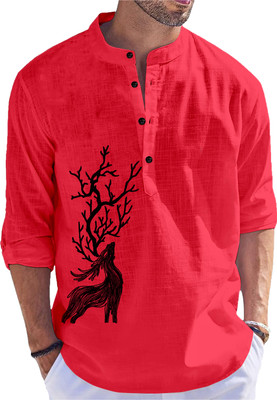 Fashion Marts Men Floral Print Straight Kurta(Red)