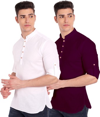 HouseOfCommon Men Solid A-line Kurta(Purple, White)