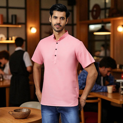 FireFish Men Solid A-line Kurta(Pink)