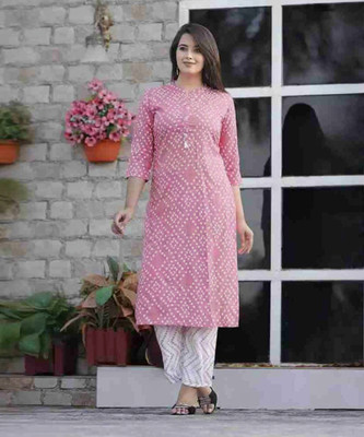 BAKNAD Women Printed, Self Design, Embroidered, Embellished Straight Kurta(Pink)