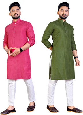 Krudha Men Woven Design Straight Kurta(Pink, Green)